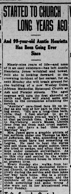 Biographical information on Henrietta Jones, from newspaper, 1914.